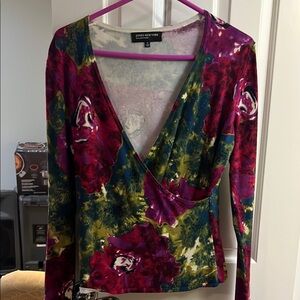 Jones New York Women's Floral V-Neck Blouse - Red, Green, Purple